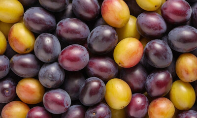 Ripe plums that are dark purple with a slight red tint, appearing to be fresh and juicy. Two bright green leaves are visible among the plums adding contrast to the image. - Powered by Adobe