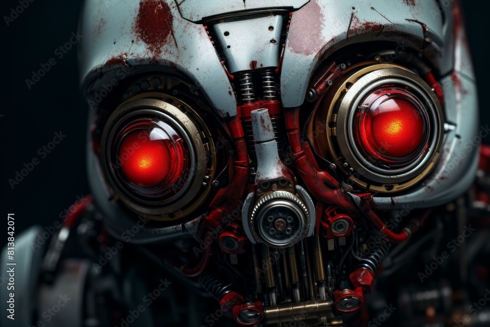 Poster emotionless robot face. science ai model. generate ai