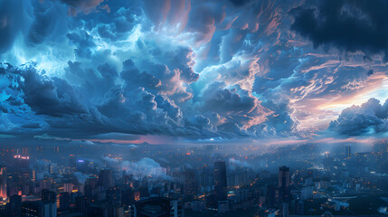 Thunderous Sky Over City: Urban Life vs Nature   City Skyline Under Dramatic Thunderclouds in Photo Realistic Concept