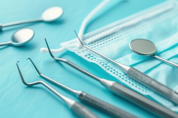 Tooth and dental instruments on blue background. Dental treatment. Dentist tools mirror, hook, tweezers, syringe. Copy space for text. Closeup different metal dental equipment and tools. Dentistry