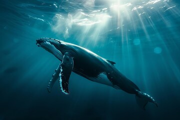 majestic humpback whale silhouette in sunlit underwater scene wildlife photo