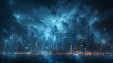 Urban Endurance: Skyscrapers Battling Nature s Ferocity in Photo Realistic Thunderstorm Scene