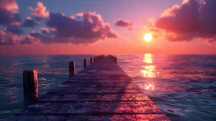 Serenity by Twilight: Reflective Sunset Glow over Old Pier   Photorealistic Photo Stock Concept