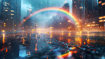 Vivid Rainbow Brightens Urban Rainy Day