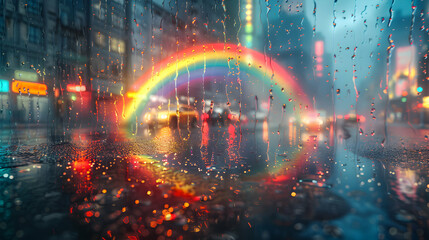 Vibrant Urban Rainbow in Rain: Colorful Spectrum Brightening City Streets with Photorealistic Detail