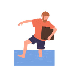 Man cartoon character escaping flood crossing deep water vector illustration deluge cataclysm