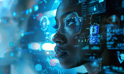 AI Cybersecurity Threat Visualization: African-American woman working as an IT specialist, examining information technology-related data, in the world of augmented reality and artificial intelligence.