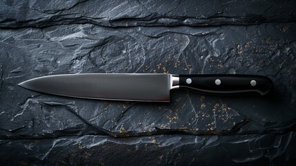Focused shot of a classic kitchen knife from above, arranged on a black stone surface, isolated with studio lighting for advertising