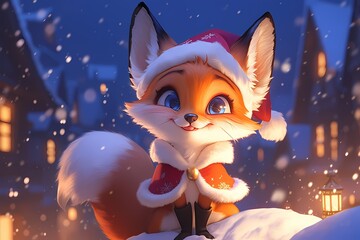 a fox wearing a Christmas hat at night