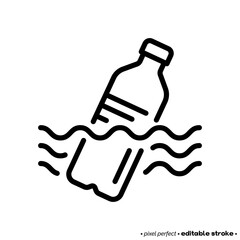 Ocean pollution, plastic bottle in the ocean thin line icon. Garbage in the water. Editable stroke. Vector illustration.