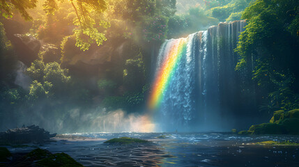 Mesmerizing Rainbow Mist Waterfall: A Stunning Visual Spectacle in Lush Forest   Photorealistic Concept on Adobe Stock