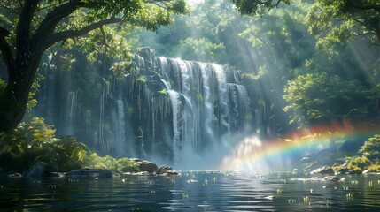 Majestic Waterfall Rainbow Mist: Mesmerizing Nature s Beauty Captured in a Vibrant Visual Delight as A rainbow forms in the mist of a powerful waterfall creating a stunning visual 