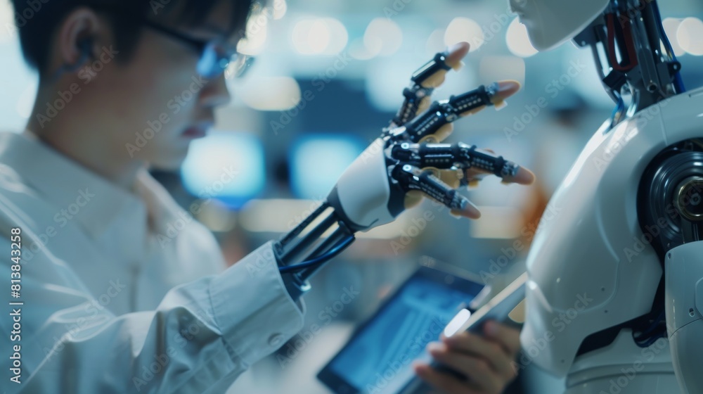 Poster in university class, a student is holding a tablet and controlling a robot hand moving in several di