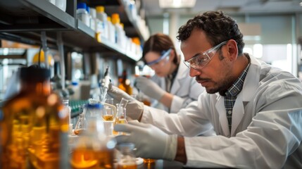 Researchers testing new chemical reactions in a state-of-the-art laboratory,