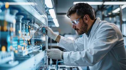 A chemist adjusting the settings on a high-tech bioreactor in a minimalist lab setting,