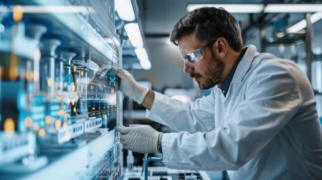A chemist adjusting the settings on a high-tech bioreactor in a minimalist lab setting,