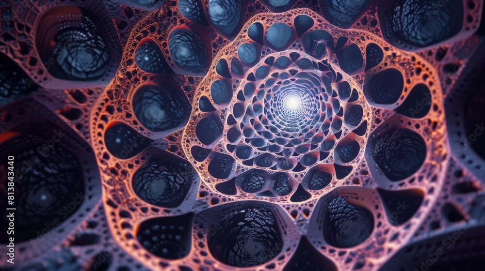 Poster A detailed view of a fractal design with spherical structures and a glowing central orb.