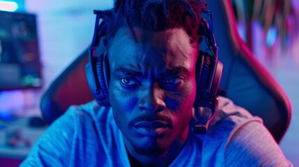 Gamer playing online video game on computer. Close up portrait of a stylish black man wearing headphones and talking on the microphone. Cyber Gaming Neon Room.