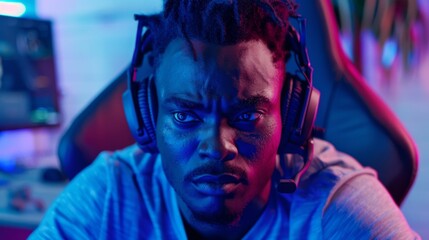 Fototapeta premium Gamer playing online video game on computer. Close up portrait of a stylish black man wearing headphones and talking on the microphone. Cyber Gaming Neon Room.