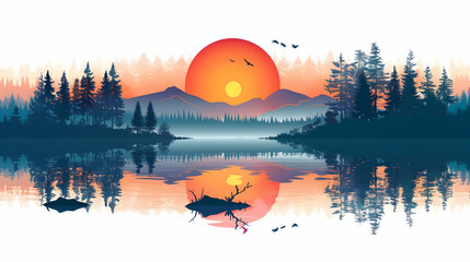 Lakeside Sunset Reflections: Sun s Dance on Lake s Surface, A Colorful Tapestry in Peaceful Waters   Flat Design Icon Concept