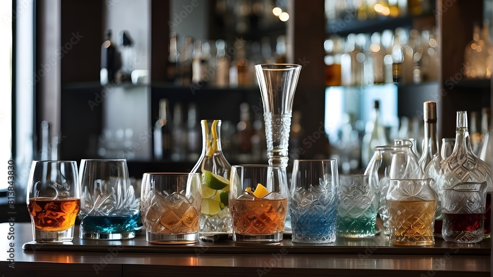Poster glassware and beverages are arranged on the bar counter in what can be considered an artistic compos