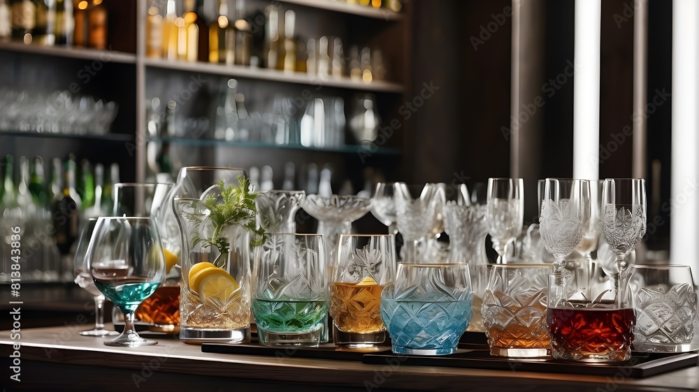 Poster glassware and beverages are arranged on the bar counter in what can be considered an artistic compos