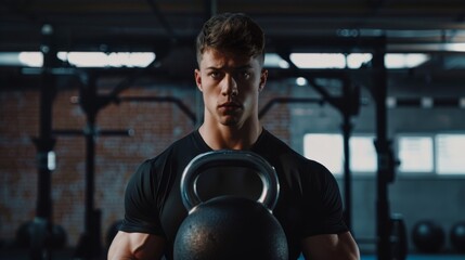 Fitness Course Internet Video with Young Athletic Personal Trainer Showing Kettlebell Workout Routine for Beginners. Fit Online Coach explains how to get in shape. - Powered by Adobe
