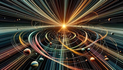 he image depicts a radiant sun with multicolored orbital paths and scattered planets, creating a dynamic, cosmic vortex against a backdrop of distant stars.