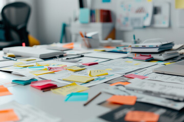 Office space table. UX research. Colorful stickynotes.