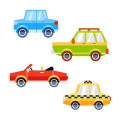 A set of cars in a cute cartoon flat style.