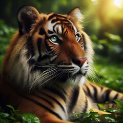 tigre aux yeux verts, couché dans l'herbe, arrière flou , de jour, vue de proche, qualité hd , 4k,8k