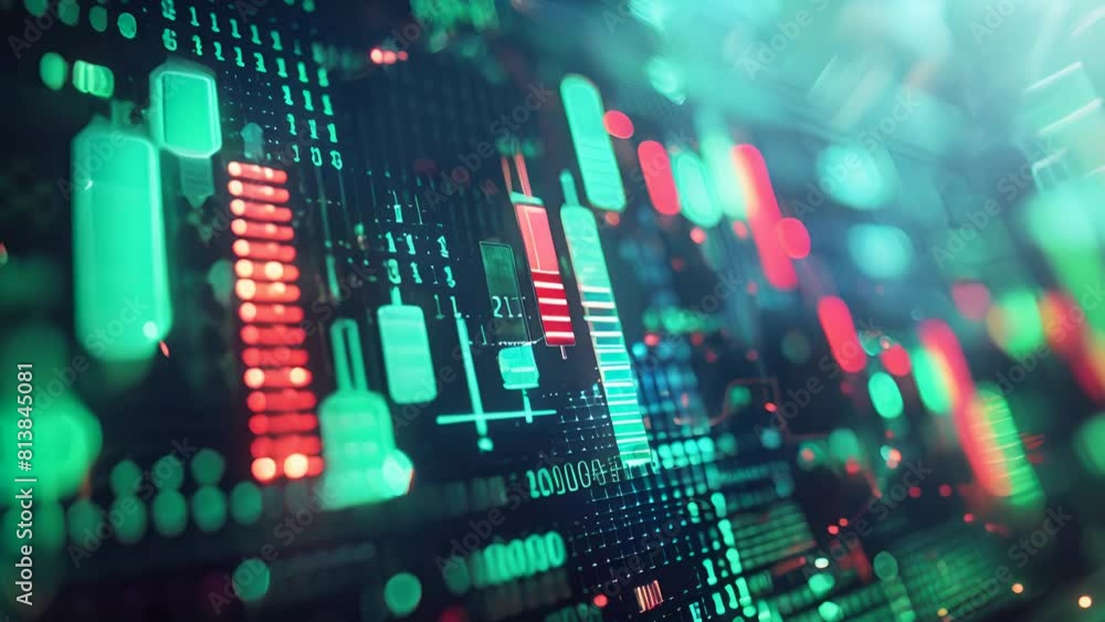 Poster glowing green and red circuit board with binary code and a glowing blue and green graph in the backg