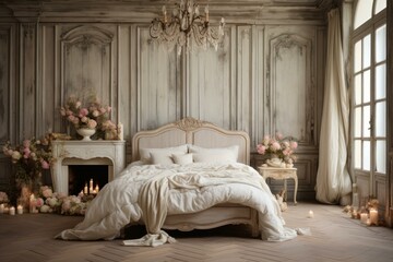 Luxurious antique-style bedroom with ornate decor and soft candlelight