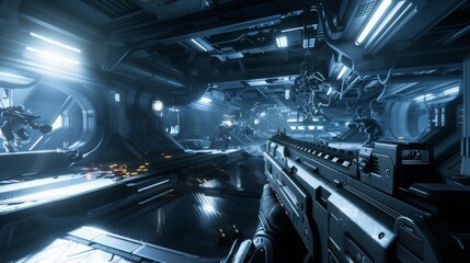 3D Game Play through, FPS on a Spaceship, War Against Flying Robots Threat. Enjoyable Gaming Experience with Advanced Graphics and Mechanics.