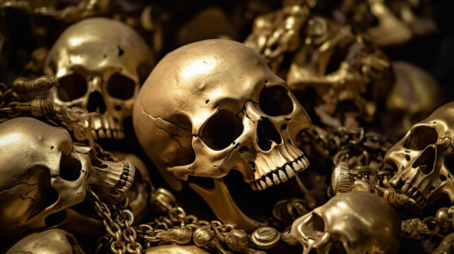 
tesouros, ouro, tesouros piratas, pilha de crânios humanos. Horror