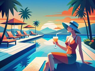 Young woman relaxing in chair on balcony of beachfront hotel