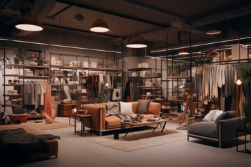 Modern boutique interior with stylish clothing and cozy furnishings in soft evening lighting