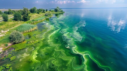 Cyanobacteria bloom in the lake. Harmful algae. Green water.