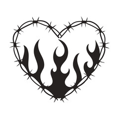Wire Barb heart frame y2k tattoo border with flame silhouette gothic spiky punk print neo tribal isolated on white background. Barbwire emo boundary heart shape.