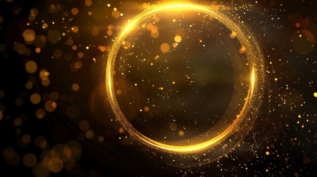 On Black Background, Bokeh Gold Circle With Glitter Light. Abstract Golden Ring Glow Shine With Flare Frame. Neon Yellow Bling Line Texture With Magic Glossy Swirl And Blur Background.