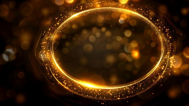 Blurry background design with gold bokeh circle. Abstract golden ring glow shine. Neon yellow bling line trail texture with magic glossy swirls and blur.