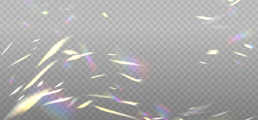 Colorful lenses and light flares with transparent effects. Iridescent crystal leak glare reflection overlay effect. Optical rainbow lights, glare, leak. Vector sparkle falling confetti.