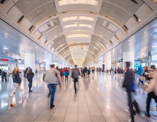 Many people walking through a large building with a ceiling. Blurred airport background 