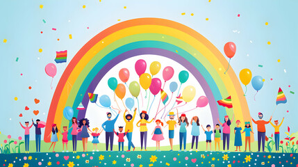 Colorful and Inclusive Rainbow Family Day Concept with a Variety of Families Celebrating Together at a Pride themed Event   Flat Design Icon Illustration