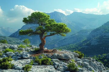 Cedar Tree in a Mountain Landscape: Majestic tree against rocky terrain. 