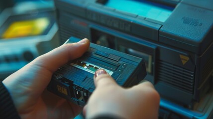 Typical Nineties Technology Concept. Close up of a person inserting a VHS cassette into a player with nostalgia footage from a home video camera. Shallow Depth of Field. - Powered by Adobe