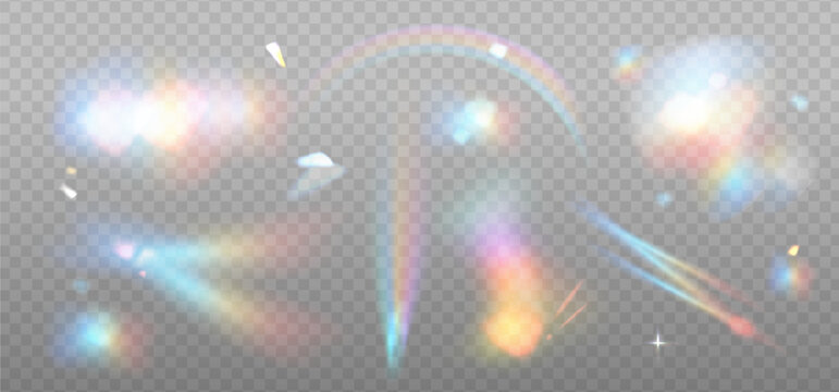 Big set of colorful lens, crystal rainbow light and flare transparent effect elements. Overlay templates. Triangular holographic glass prism concept. Vector eps10