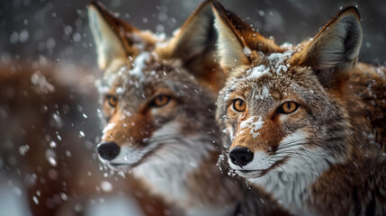 Obraz premium Close-up of two coyotes braving the snowstorm. Resilience is on display as they endure harsh conditions.