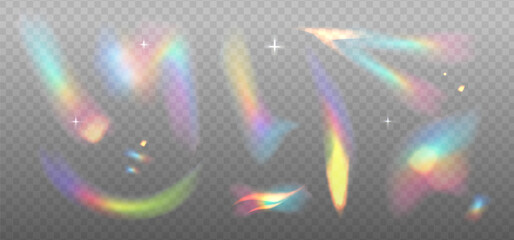 Sparkle crystal leak glare reflection effect elements set. Optical rainbow glare, leak, streak overlay. Vector colorful lenses and light flares with transparent effects. Overlay dispersion light rays.
