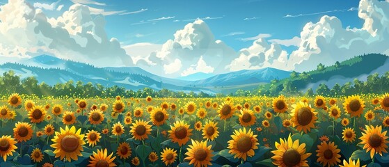 Fototapeta premium A field of sunflowers stretching to the horizon with mountains in the distance.